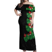 Hawaiian Taro Leaves-Hibiscus and Plumeria Off Shoulder Maxi Dress Polynesian Art-Kakau Tattoo Black LT03 Women Black - Polynesian Pride