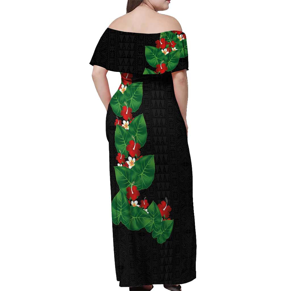 Hawaiian Taro Leaves-Hibiscus and Plumeria Off Shoulder Maxi Dress Polynesian Art-Kakau Tattoo Black LT03 - Polynesian Pride