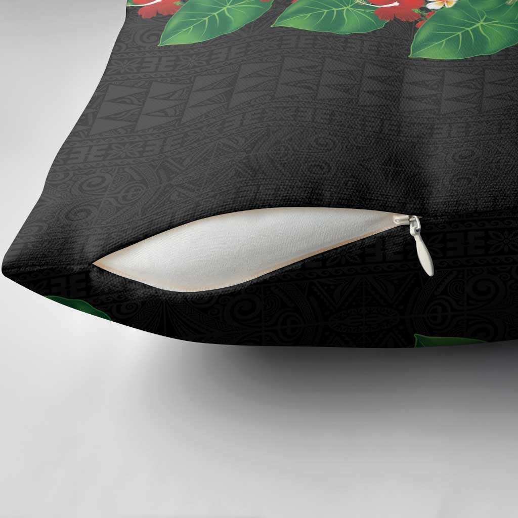 Hawaiian Taro Leaves-Hibiscus and Plumeria Pillow Cover Polynesian Art-Kakau Tattoo Black