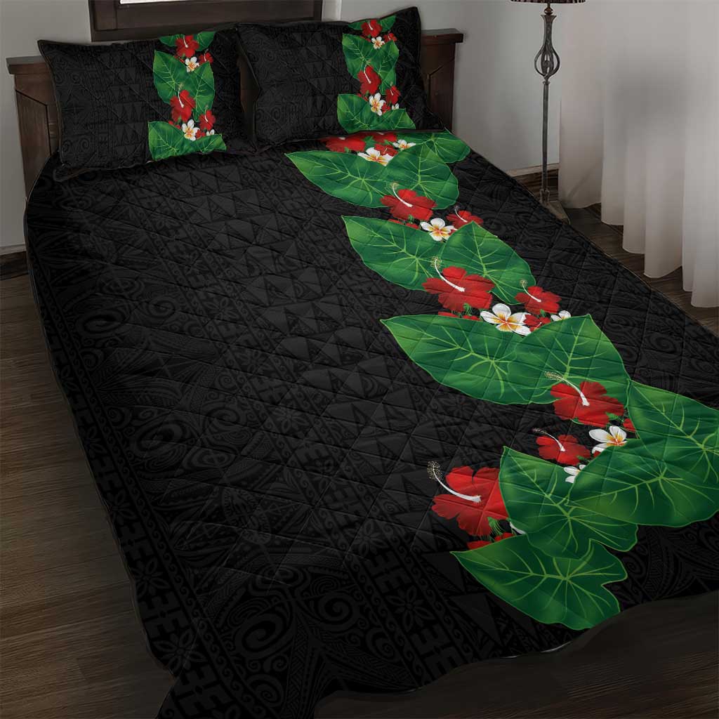 Hawaiian Taro Leaves-Hibiscus and Plumeria Quilt Bed Set Polynesian Art-Kakau Tattoo Black