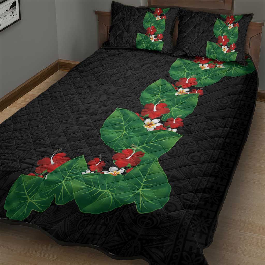 Hawaiian Taro Leaves-Hibiscus and Plumeria Quilt Bed Set Polynesian Art-Kakau Tattoo Black