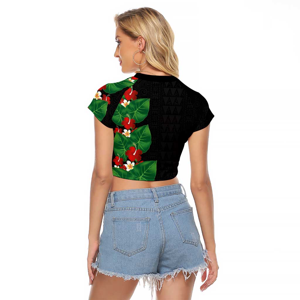 Hawaiian Taro Leaves-Hibiscus and Plumeria Raglan Cropped T Shirt Polynesian Art-Kakau Tattoo Black LT03 - Polynesian Pride