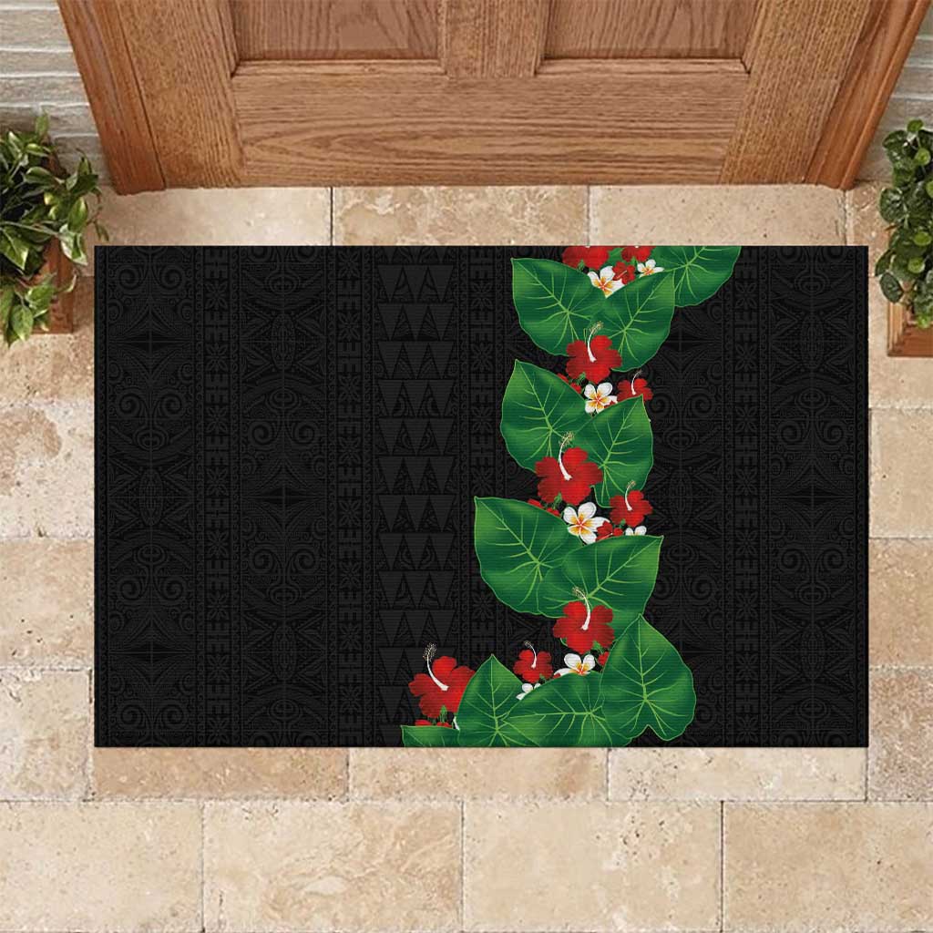 Hawaiian Taro Leaves-Hibiscus and Plumeria Rubber Doormat Polynesian Art-Kakau Tattoo Black