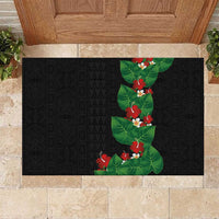 Hawaiian Taro Leaves-Hibiscus and Plumeria Rubber Doormat Polynesian Art-Kakau Tattoo Black
