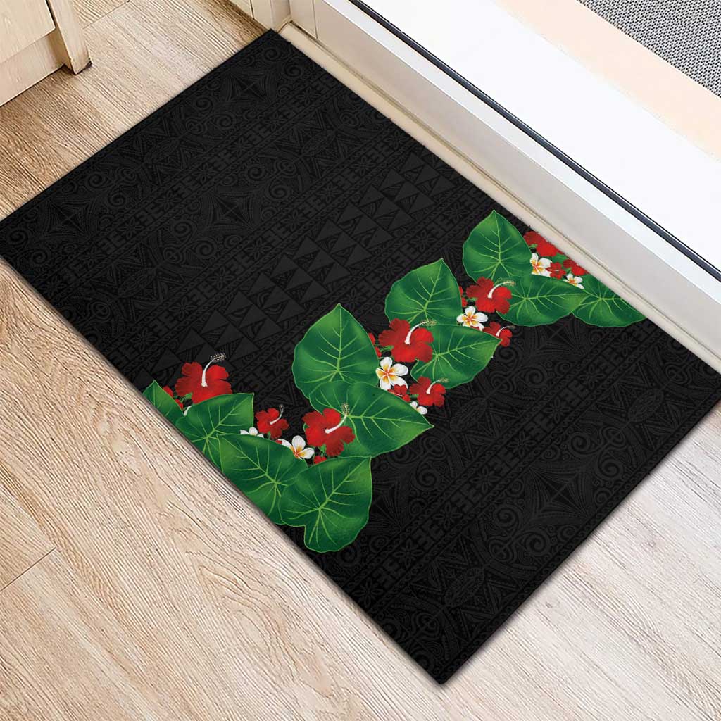 Hawaiian Taro Leaves-Hibiscus and Plumeria Rubber Doormat Polynesian Art-Kakau Tattoo Black