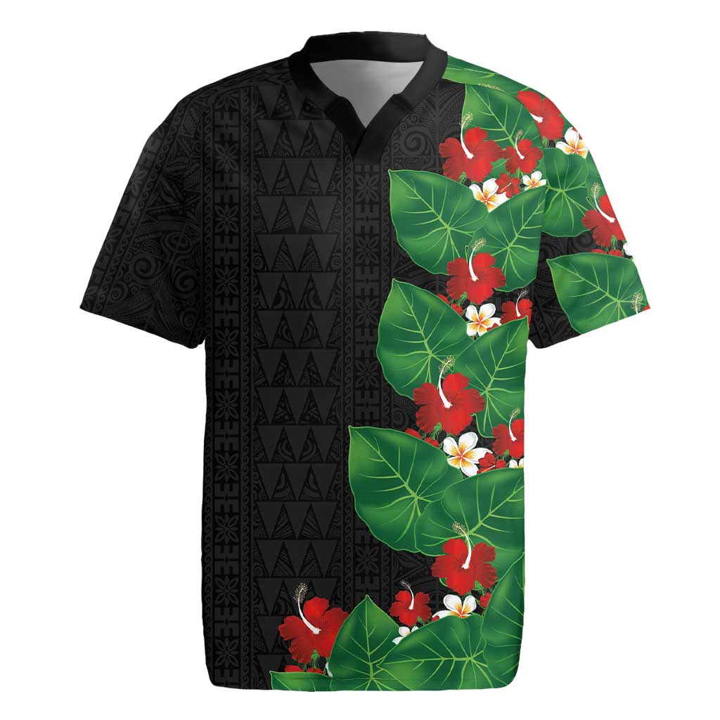 Hawaiian Taro Leaves-Hibiscus and Plumeria Rugby Jersey Polynesian Art-Kakau Tattoo Black