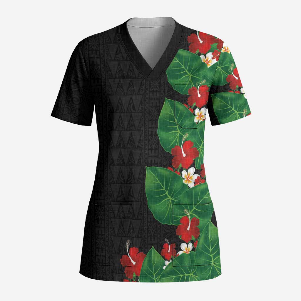 Hawaiian Taro Leaves-Hibiscus and Plumeria Scrub Top Polynesian Art-Kakau Tattoo Black