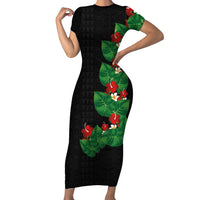 Hawaiian Taro Leaves-Hibiscus and Plumeria Short Sleeve Bodycon Dress Polynesian Art-Kakau Tattoo Black LT03 Long Dress Black - Polynesian Pride