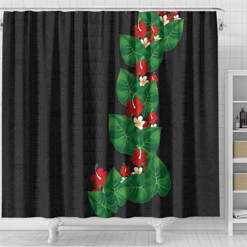 Hawaiian Taro Leaves-Hibiscus and Plumeria Shower Curtain Polynesian Art-Kakau Tattoo Black