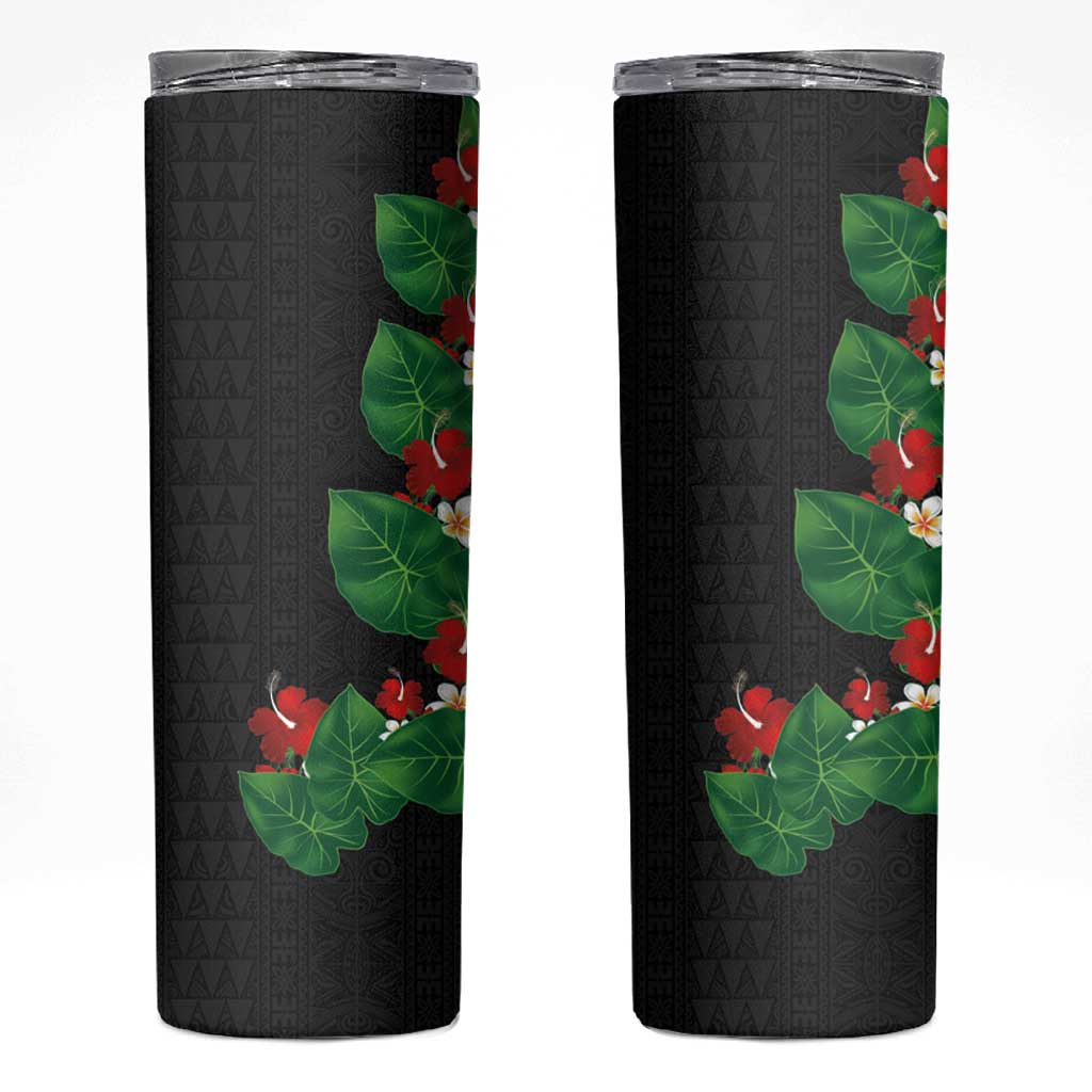 Hawaiian Taro Leaves-Hibiscus and Plumeria Skinny Tumbler Polynesian Art-Kakau Tattoo Black LT03 Black - Polynesian Pride