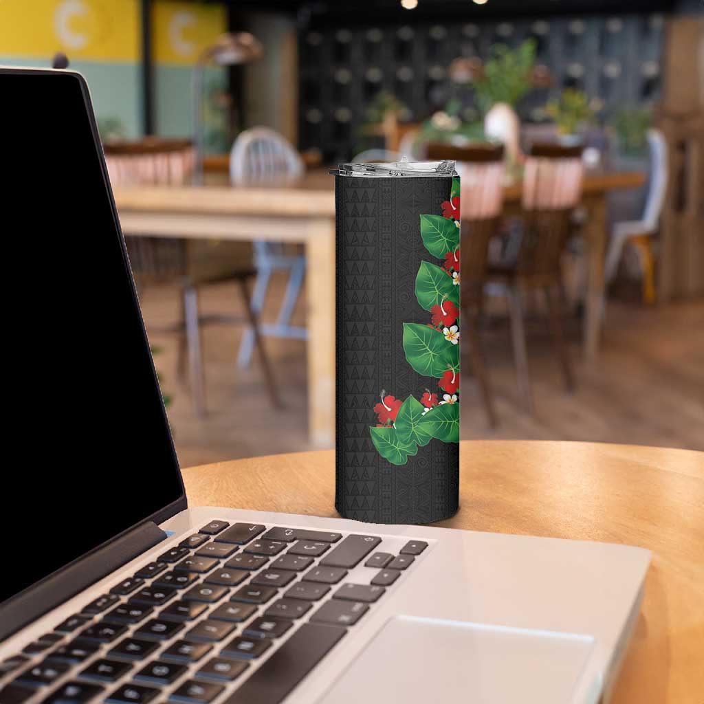 Hawaiian Taro Leaves-Hibiscus and Plumeria Skinny Tumbler Polynesian Art-Kakau Tattoo Black LT03 - Polynesian Pride