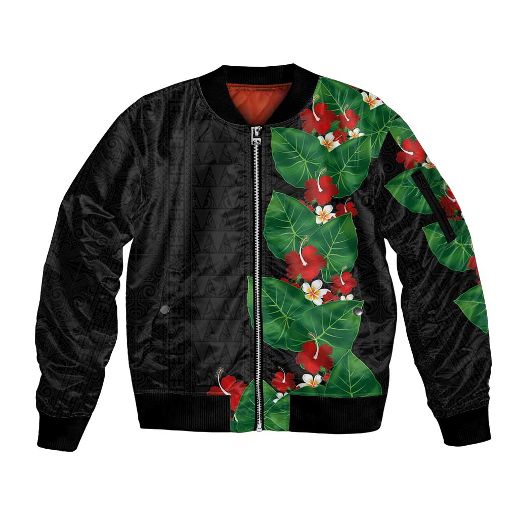 Hawaiian Taro Leaves-Hibiscus and Plumeria Sleeve Zip Bomber Jacket Polynesian Art-Kakau Tattoo Black