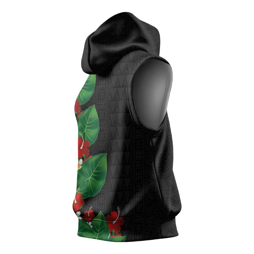 Hawaiian Taro Leaves-Hibiscus and Plumeria Sleeveless Hoodie Polynesian Art-Kakau Tattoo Black LT03 - Polynesian Pride