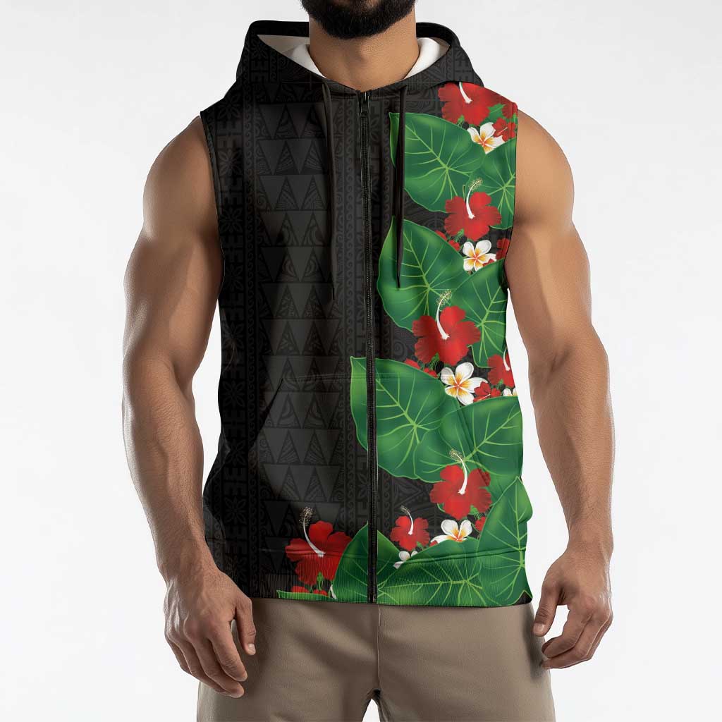 Hawaiian Taro Leaves-Hibiscus and Plumeria Sleeveless Zip Hoodie Polynesian Art-Kakau Tattoo Black LT03 - Polynesian Pride