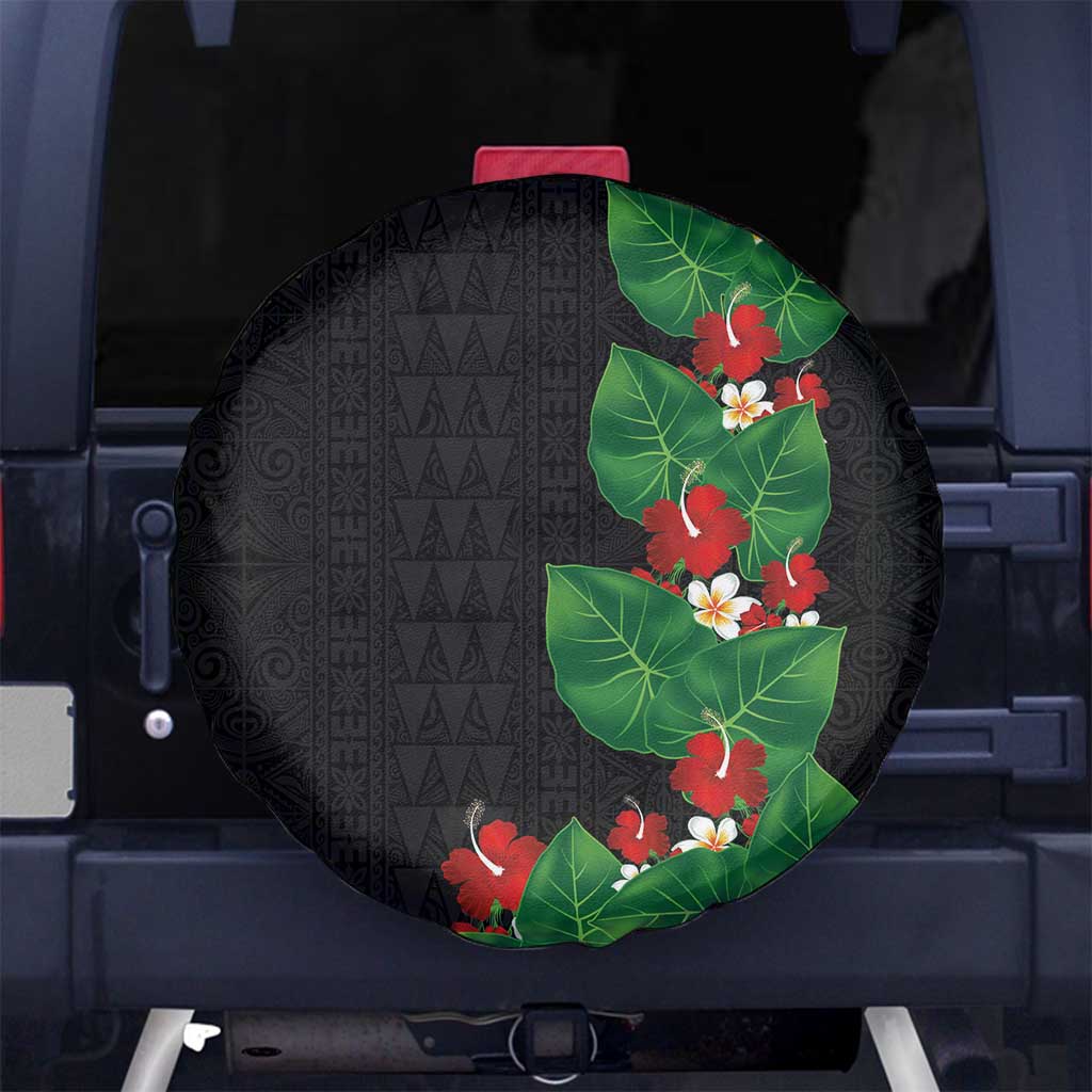 Hawaiian Taro Leaves-Hibiscus and Plumeria Spare Tire Cover Polynesian Art-Kakau Tattoo Black