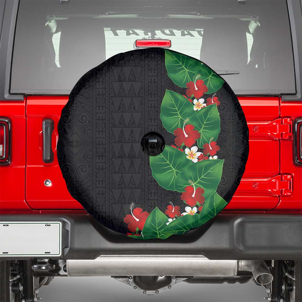 Hawaiian Taro Leaves-Hibiscus and Plumeria Spare Tire Cover Polynesian Art-Kakau Tattoo Black LT03 - Polynesian Pride