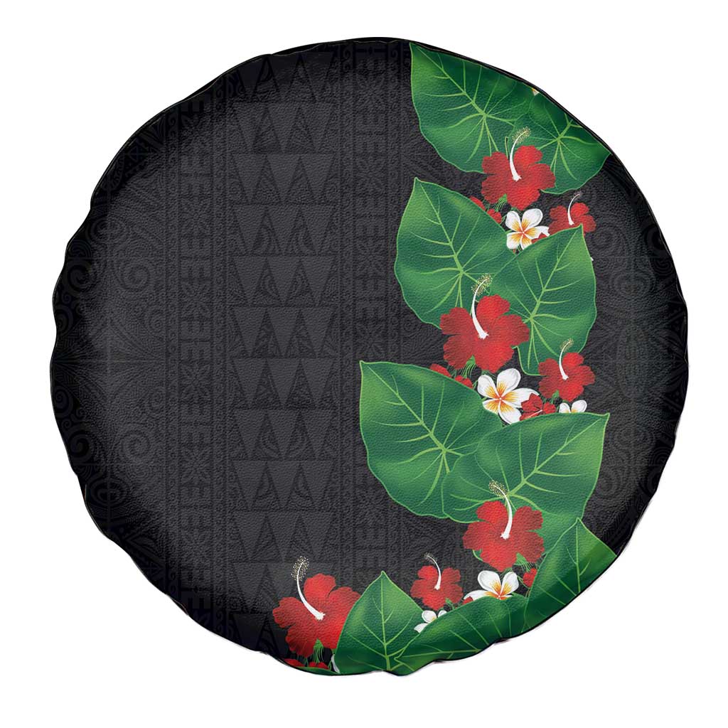 Hawaiian Taro Leaves-Hibiscus and Plumeria Spare Tire Cover Polynesian Art-Kakau Tattoo Black LT03 - Polynesian Pride