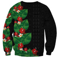 Hawaiian Taro Leaves-Hibiscus and Plumeria Sweatshirt Polynesian Art-Kakau Tattoo Black