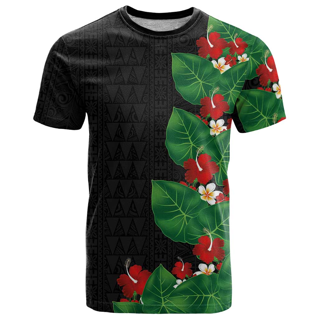 Hawaiian Taro Leaves-Hibiscus and Plumeria T Shirt Polynesian Art-Kakau Tattoo Black