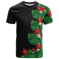 Hawaiian Taro Leaves-Hibiscus and Plumeria T Shirt Polynesian Art-Kakau Tattoo Black LT03 Black - Polynesian Pride