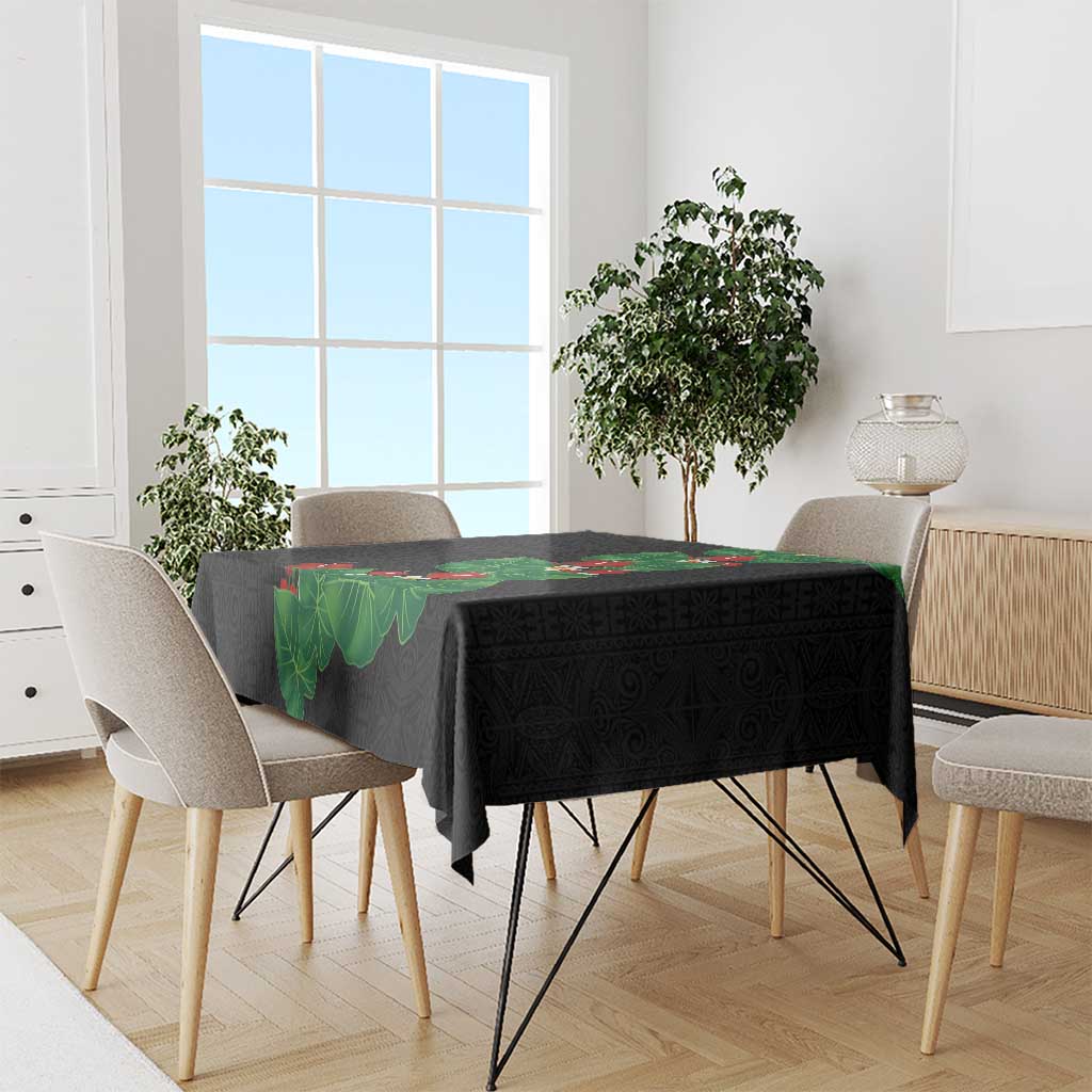 Hawaiian Taro Leaves-Hibiscus and Plumeria Tablecloth Polynesian Art-Kakau Tattoo Black