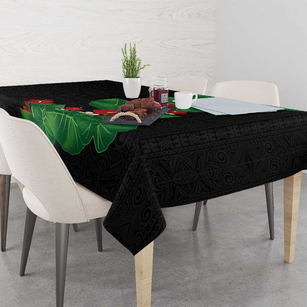 Hawaiian Taro Leaves-Hibiscus and Plumeria Tablecloth Polynesian Art-Kakau Tattoo Black