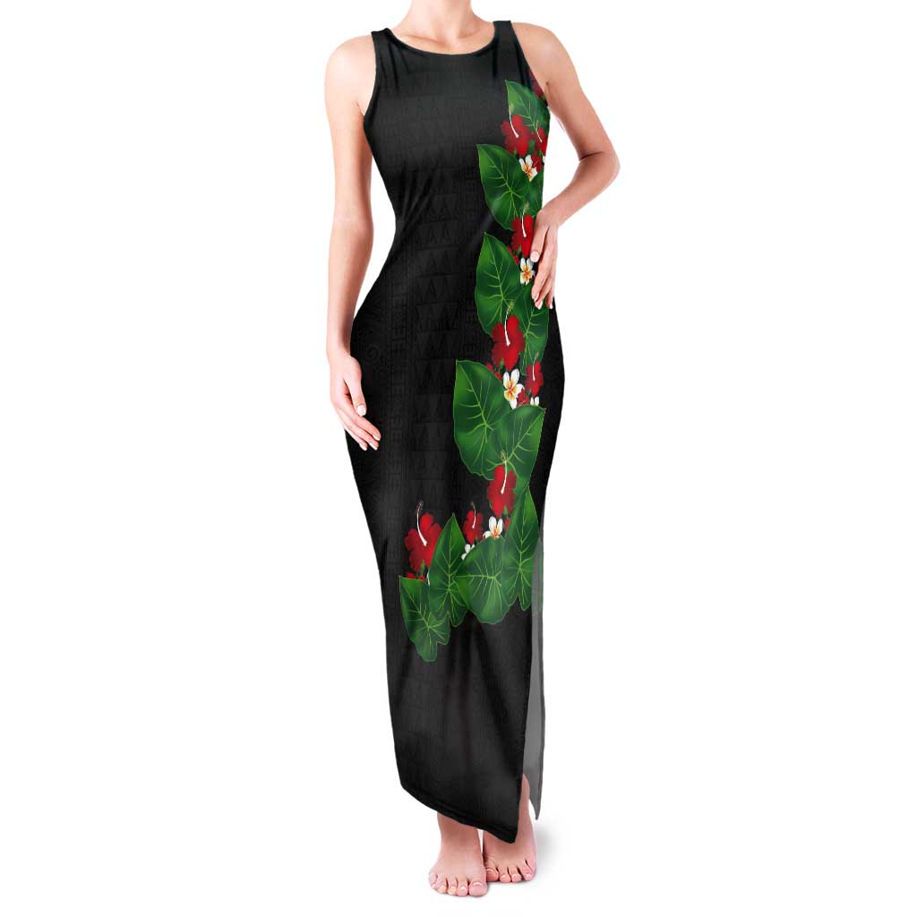 Hawaiian Taro Leaves-Hibiscus and Plumeria Tank Maxi Dress Polynesian Art-Kakau Tattoo Black LT03 Women Black - Polynesian Pride