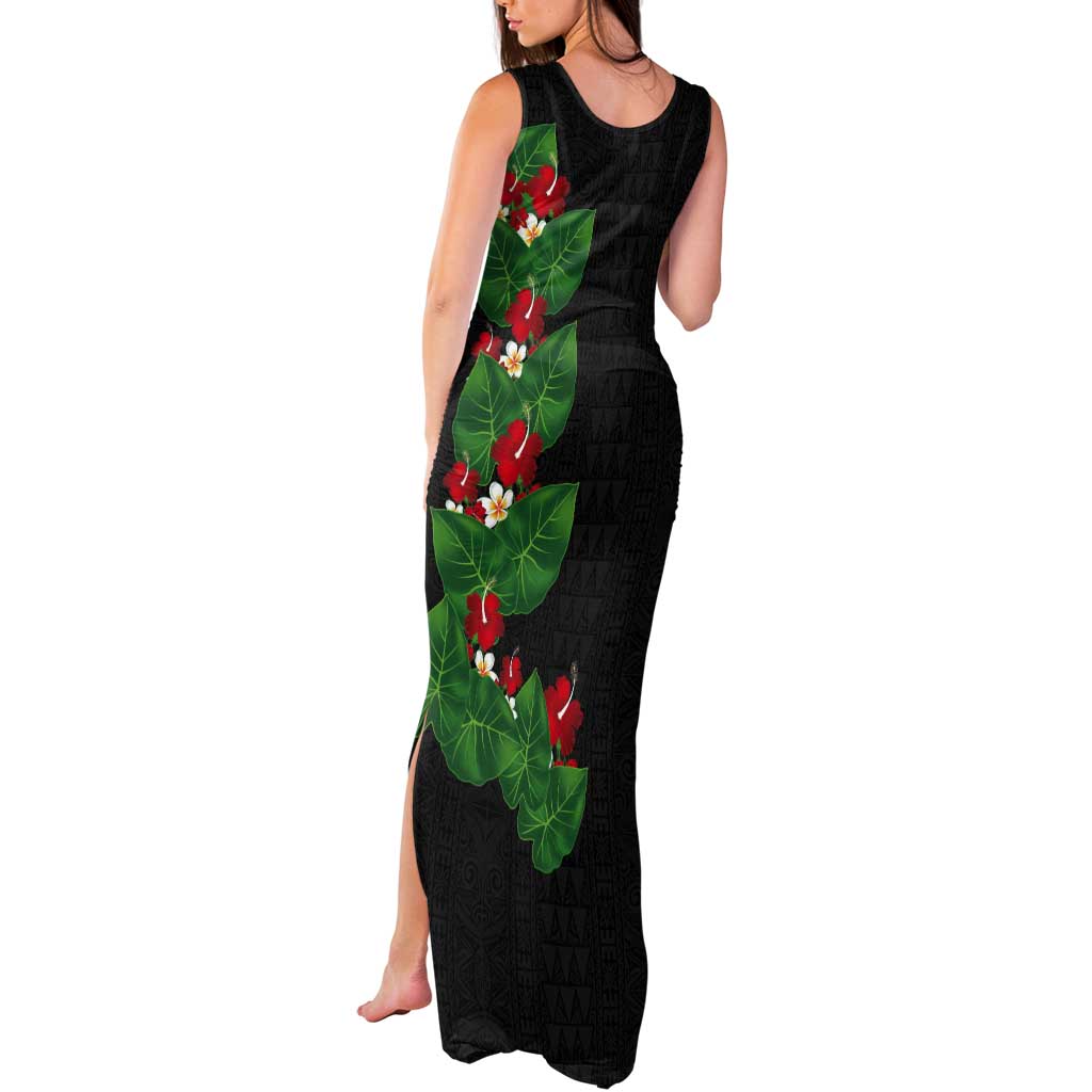 Hawaiian Taro Leaves-Hibiscus and Plumeria Tank Maxi Dress Polynesian Art-Kakau Tattoo Black LT03 - Polynesian Pride