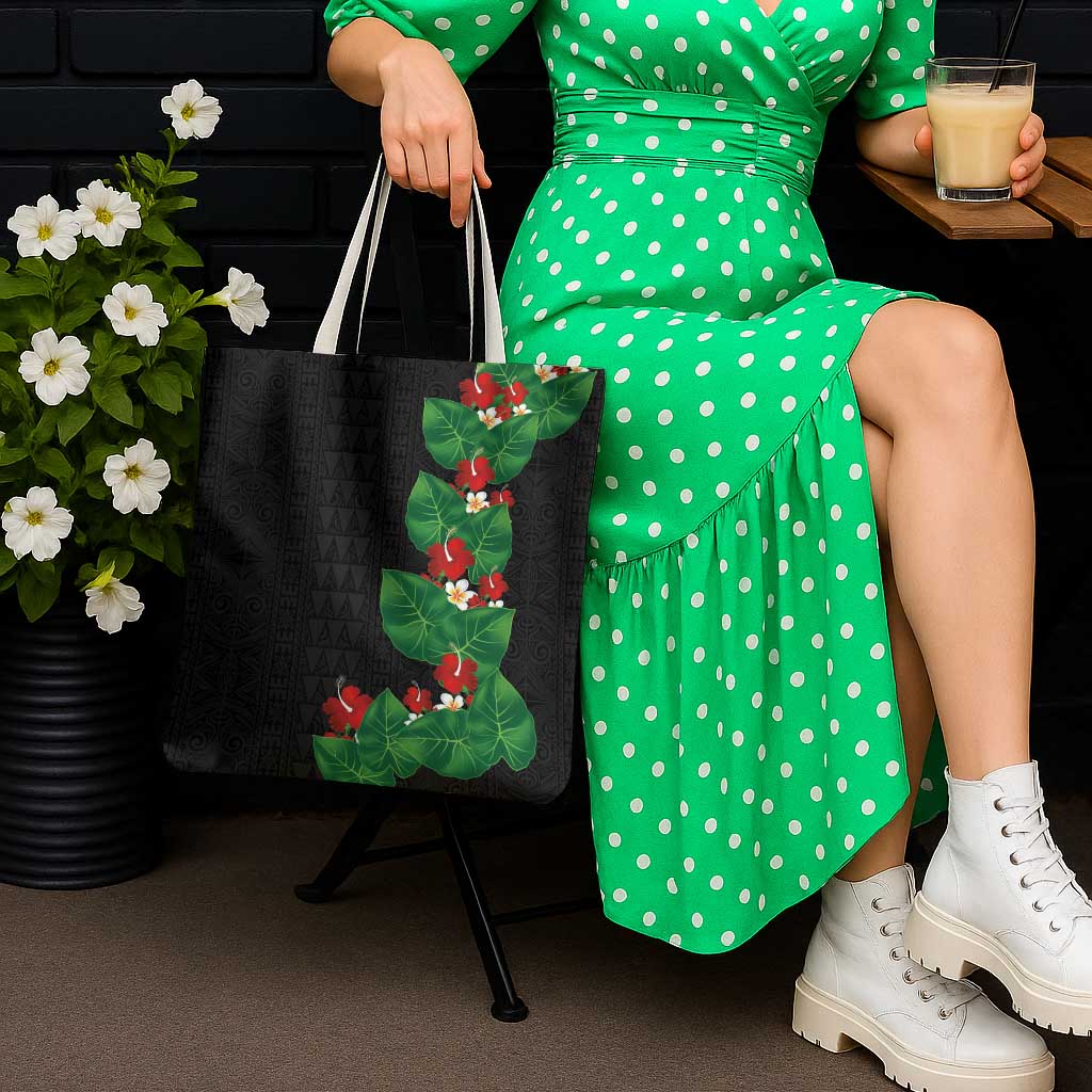 Hawaiian Taro Leaves-Hibiscus and Plumeria Tote Bag Polynesian Art-Kakau Tattoo Black