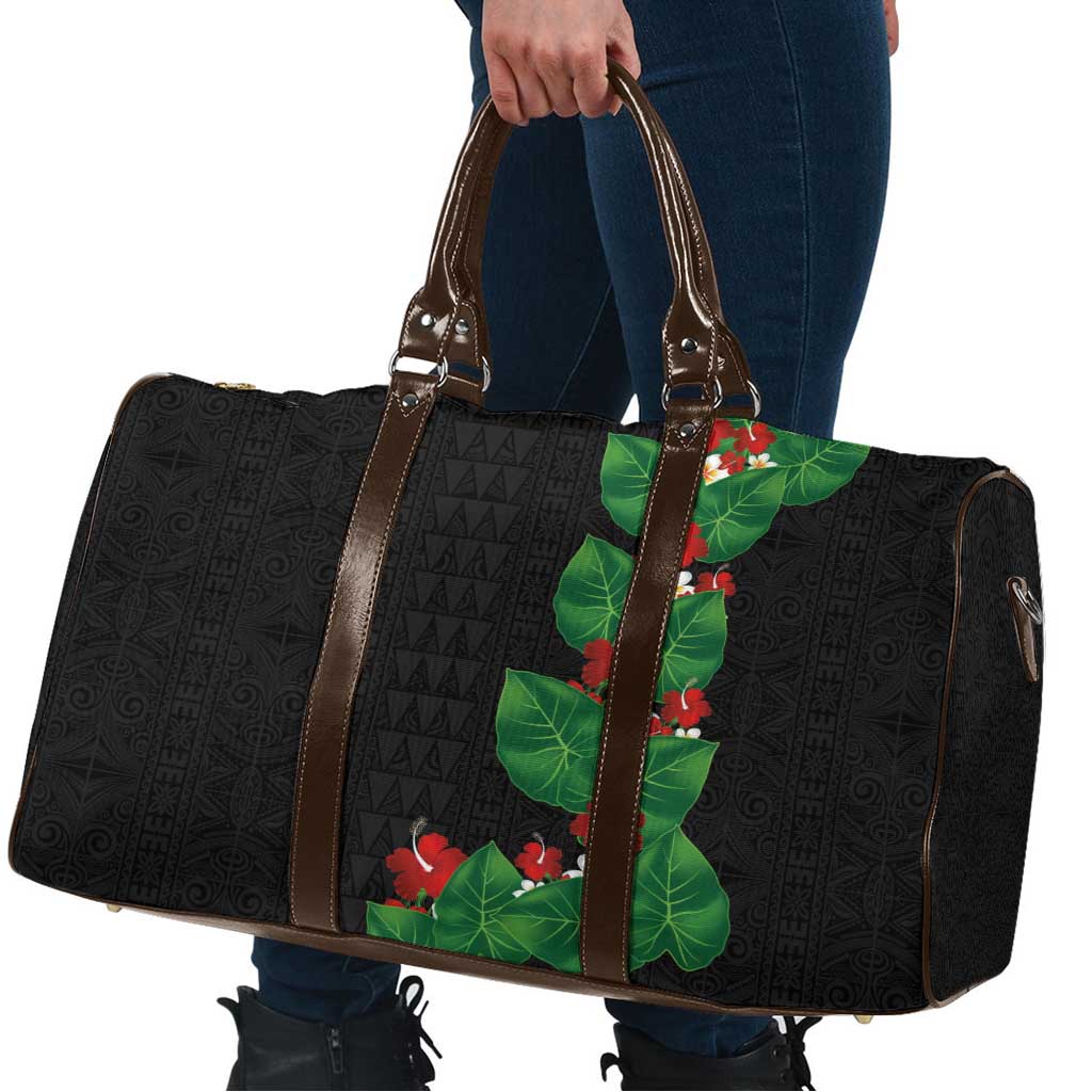 Hawaiian Taro Leaves-Hibiscus and Plumeria Travel Bag Polynesian Art-Kakau Tattoo Black LT03 - Polynesian Pride