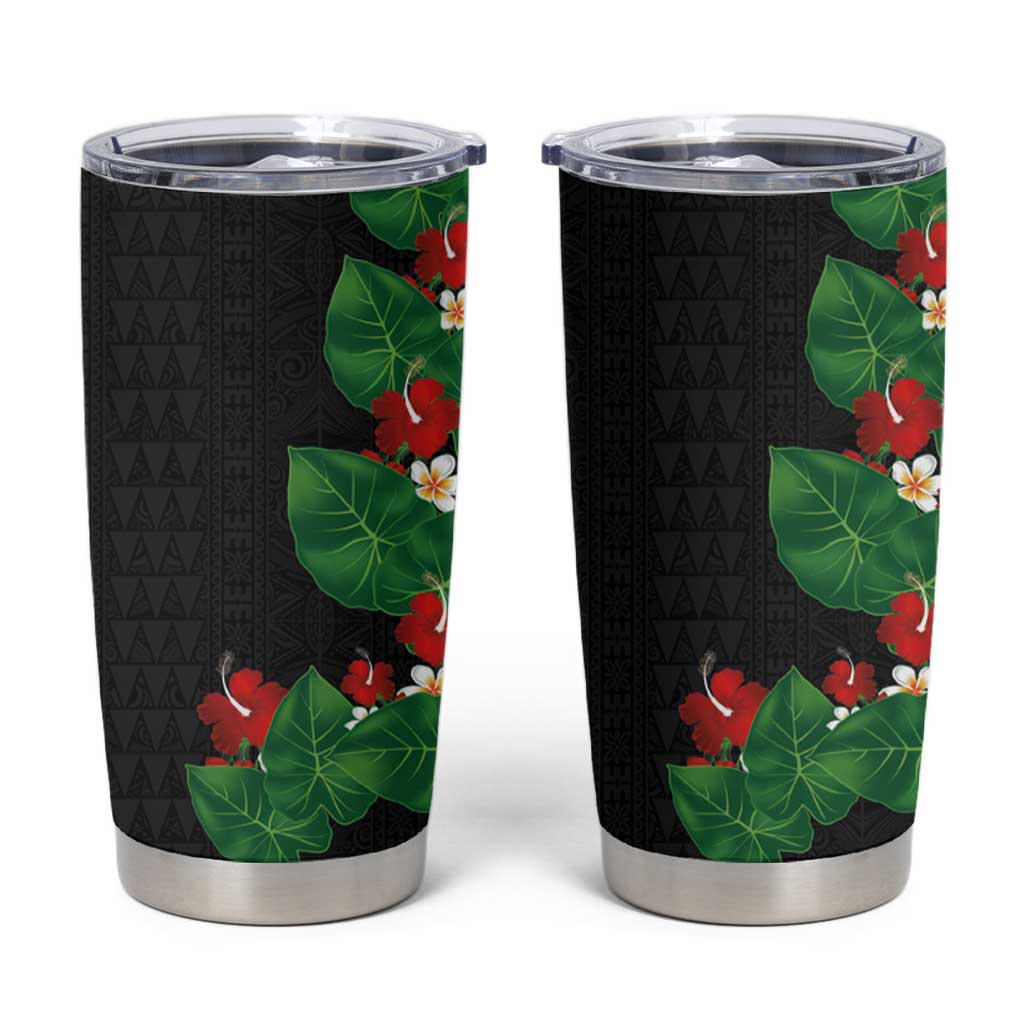 Hawaiian Taro Leaves-Hibiscus and Plumeria Tumbler Cup Polynesian Art-Kakau Tattoo Black