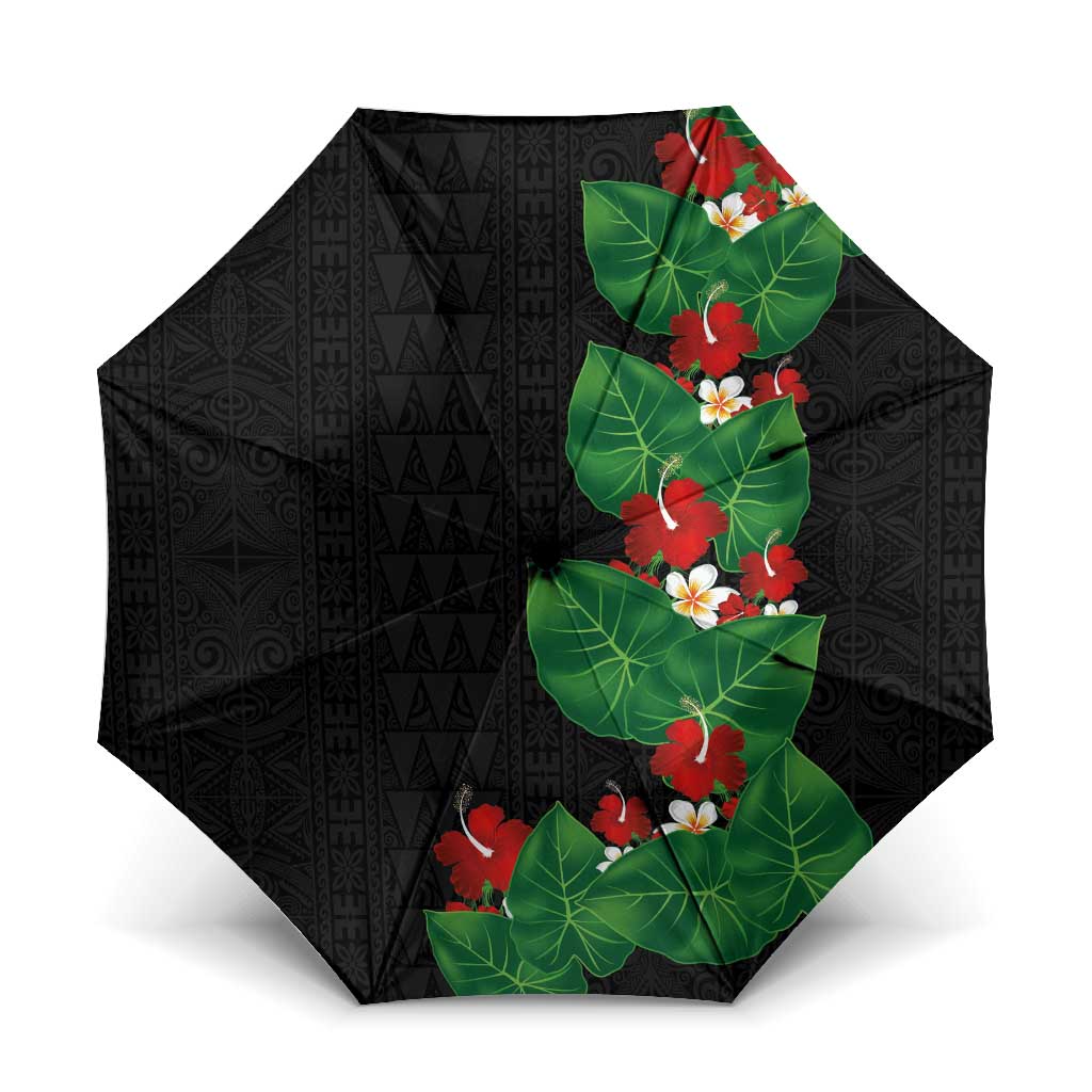 Hawaiian Taro Leaves-Hibiscus and Plumeria Umbrella Polynesian Art-Kakau Tattoo Black