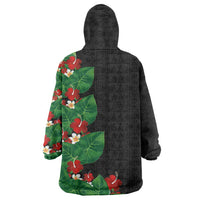 Hawaiian Taro Leaves-Hibiscus and Plumeria Wearable Blanket Hoodie Polynesian Art-Kakau Tattoo Black LT03 - Polynesian Pride