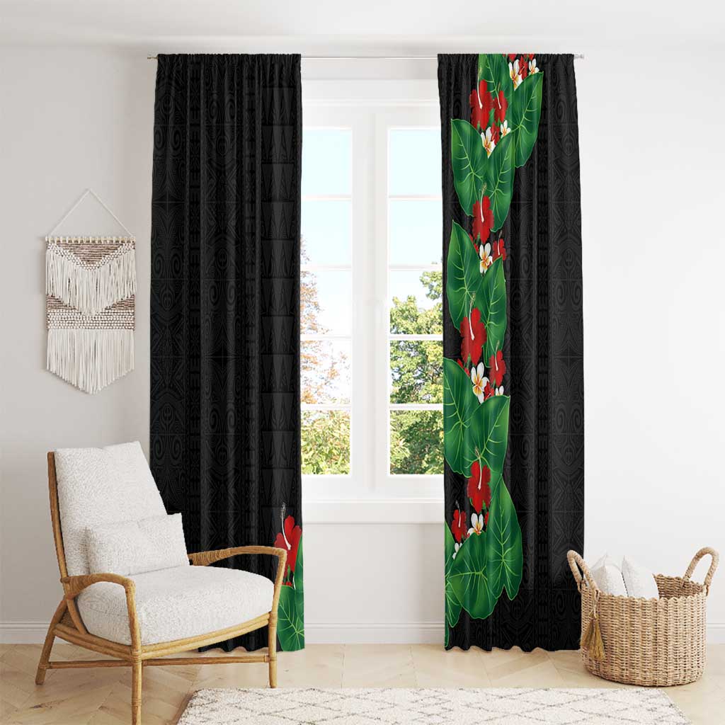Hawaiian Taro Leaves-Hibiscus and Plumeria Window Curtain Polynesian Art-Kakau Tattoo Black