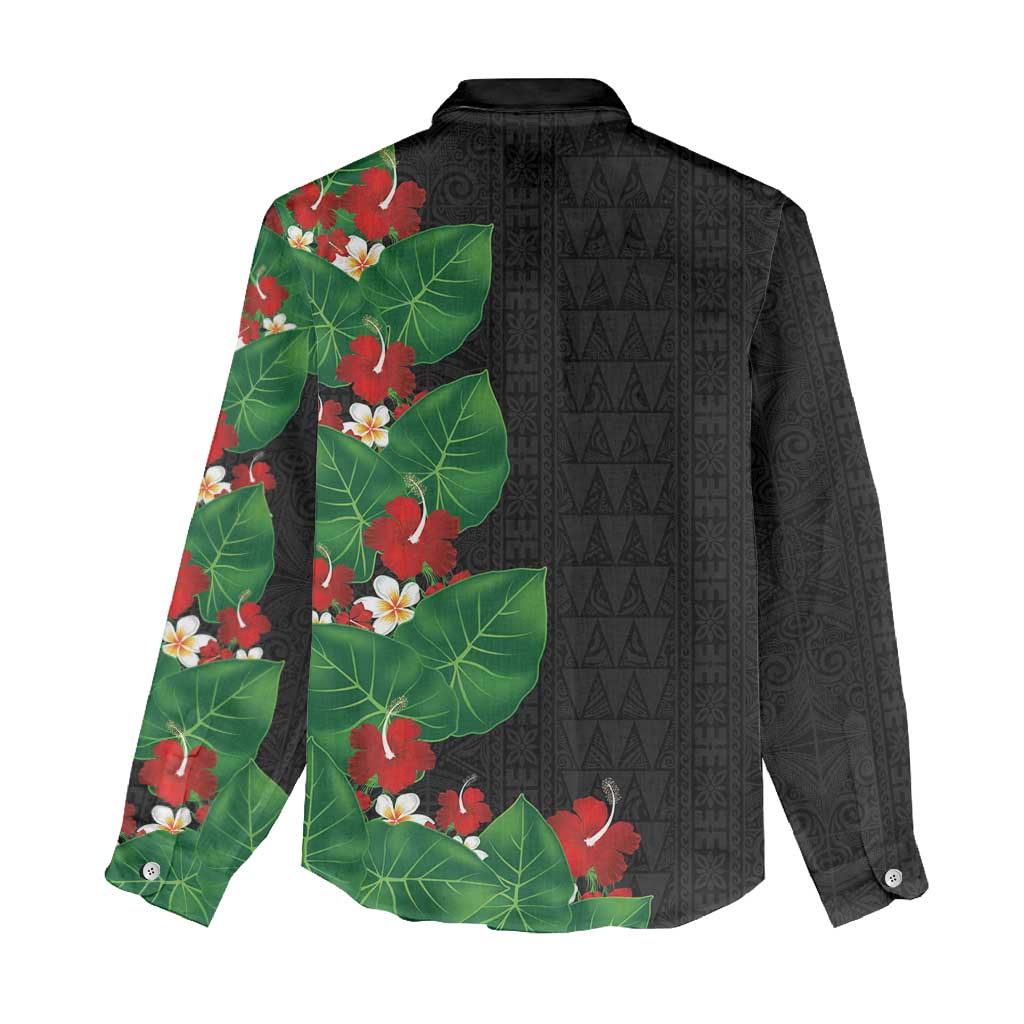 Hawaiian Taro Leaves-Hibiscus and Plumeria Women Casual Shirt Polynesian Art-Kakau Tattoo Black LT03 - Polynesian Pride