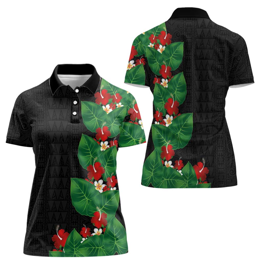 Hawaiian Taro Leaves-Hibiscus and Plumeria Women Polo Shirt Polynesian Art-Kakau Tattoo Black LT03 - Polynesian Pride