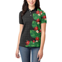 Hawaiian Taro Leaves-Hibiscus and Plumeria Women Polo Shirt Polynesian Art-Kakau Tattoo Black LT03 - Polynesian Pride
