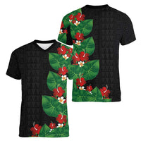 Hawaiian Taro Leaves-Hibiscus and Plumeria Women V-Neck T-Shirt Polynesian Art-Kakau Tattoo Black LT03 - Polynesian Pride