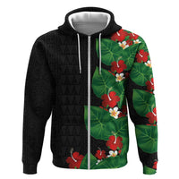 Hawaiian Taro Leaves-Hibiscus and Plumeria Zip Hoodie Polynesian Art-Kakau Tattoo Black LT03 Zip Hoodie Black - Polynesian Pride