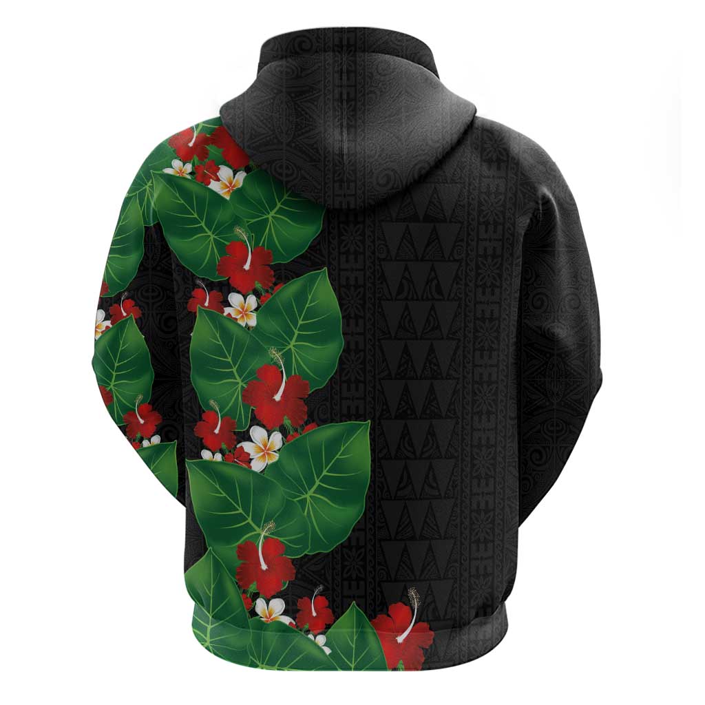 Hawaiian Taro Leaves-Hibiscus and Plumeria Zip Hoodie Polynesian Art-Kakau Tattoo Black LT03 - Polynesian Pride