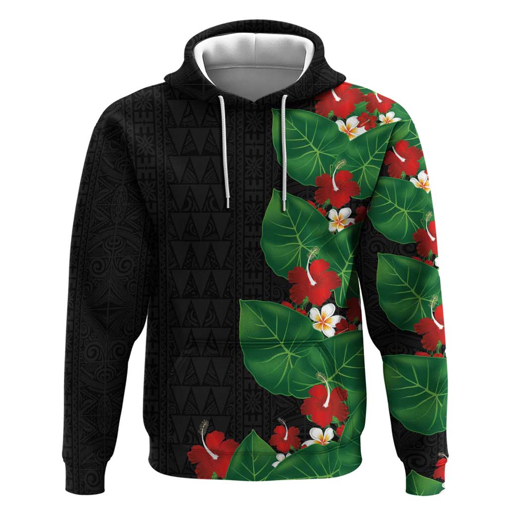 Hawaiian Taro Leaves-Hibiscus and Plumeria Zip Hoodie Polynesian Art-Kakau Tattoo Black LT03 Pullover Hoodie Black - Polynesian Pride