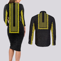 Philippines Polynesian Jasmine Pattern Couples Matching Long Sleeve Bodycon Dress and Long Sleeve Button Shirt With Barong Tagalog Black Style