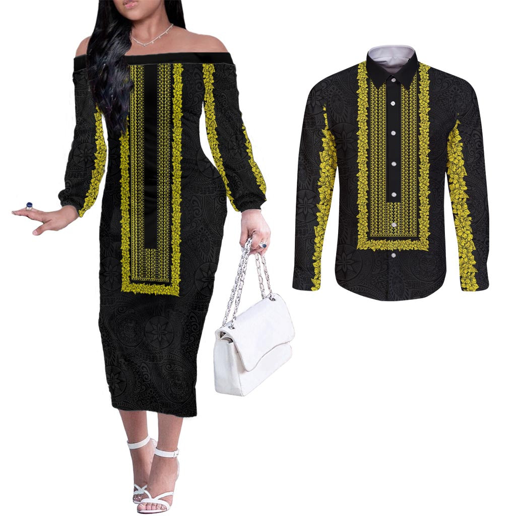 Philippines Polynesian Jasmine Pattern Couples Matching Off The Shoulder Long Sleeve Dress and Long Sleeve Button Shirt With Barong Tagalog Black Style