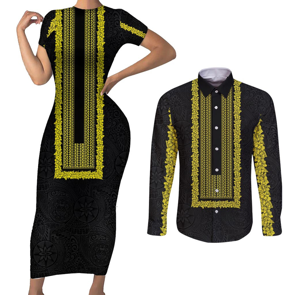 Philippines Polynesian Jasmine Pattern Couples Matching Short Sleeve Bodycon Dress and Long Sleeve Button Shirt With Barong Tagalog Black Style