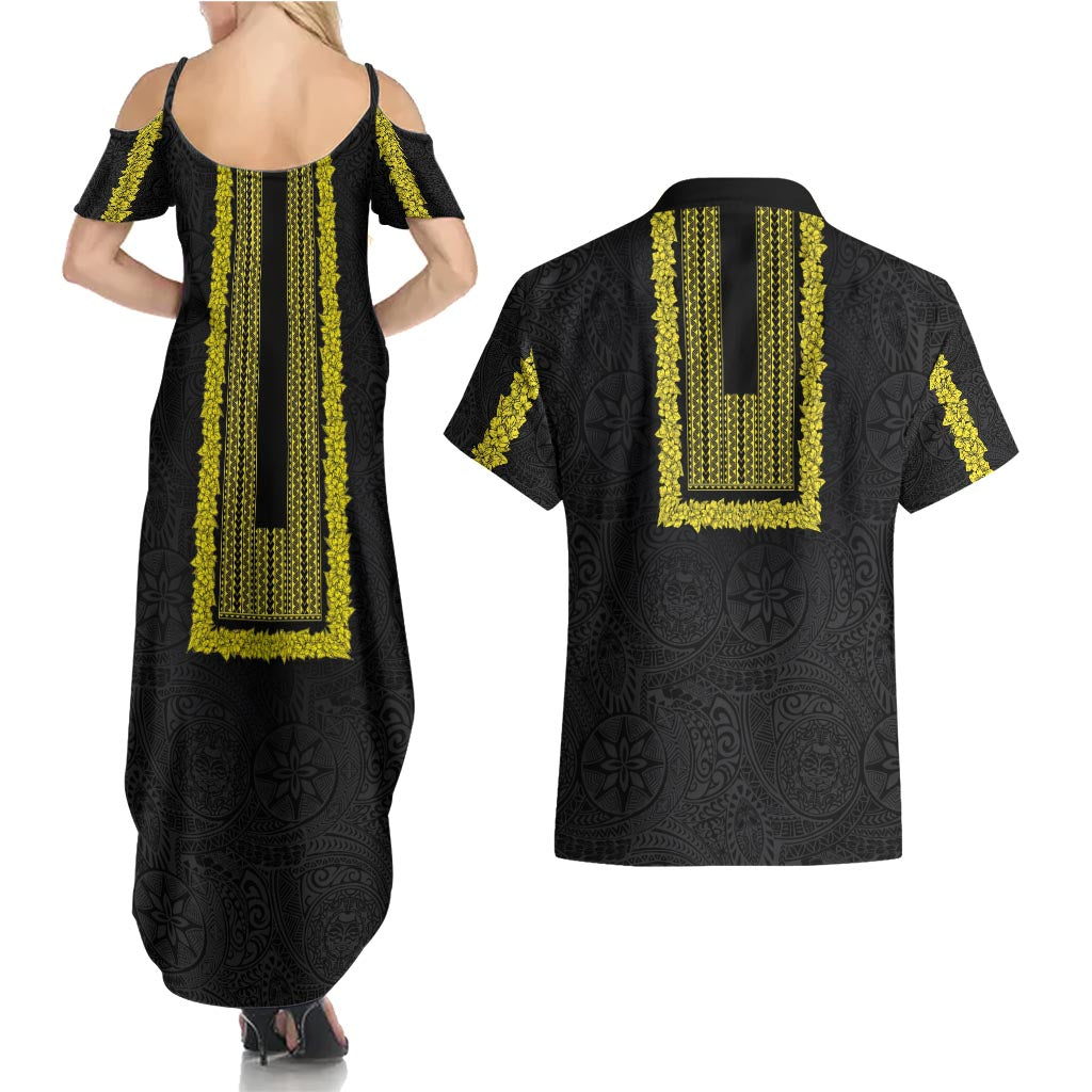 Philippines Polynesian Jasmine Pattern Couples Matching Summer Maxi Dress and Hawaiian Shirt With Barong Tagalog Black Style