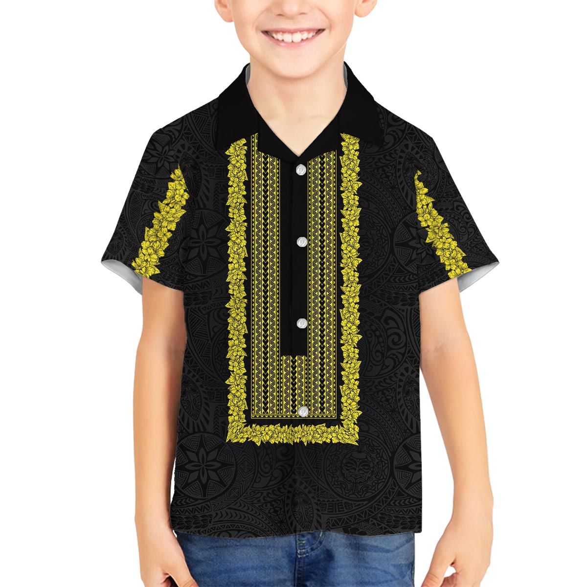 Philippines Polynesian Jasmine Pattern Family Matching Off The Shoulder Long Sleeve Dress and Hawaiian Shirt With Barong Tagalog Black Style