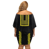 Philippines Polynesian Jasmine Pattern Family Matching Off Shoulder Short Dress and Hawaiian Shirt With Barong Tagalog Black Style