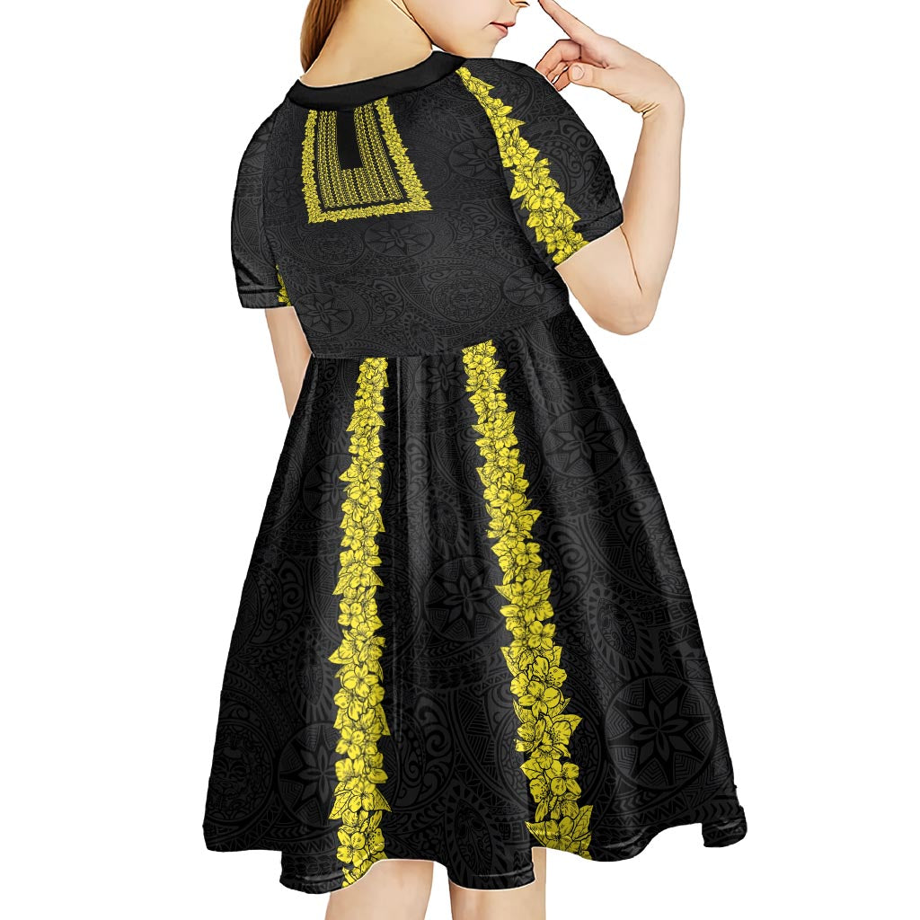Philippines Polynesian Jasmine Pattern Kid Short Sleeve Dress With Barong Tagalog Black Style