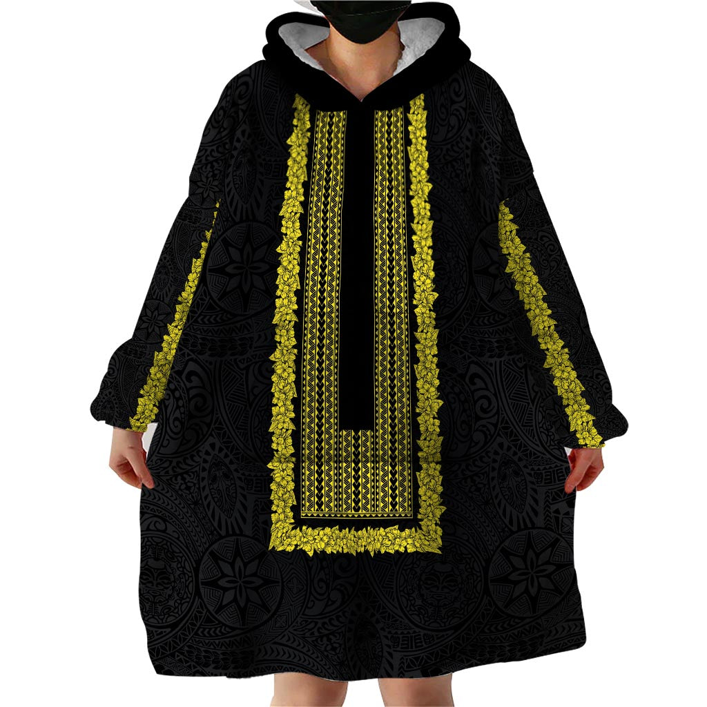 Philippines Polynesian Jasmine Pattern Wearable Blanket Hoodie With Barong Tagalog Black Style