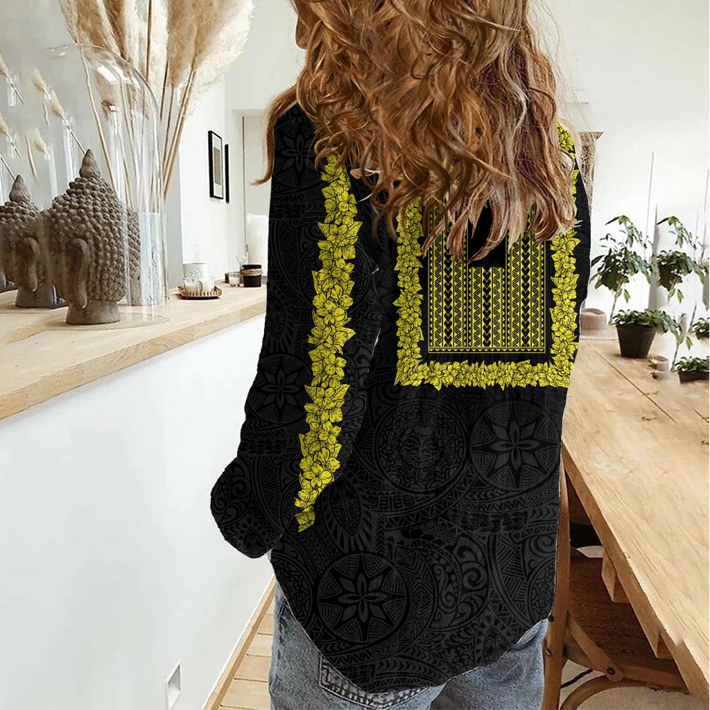 Philippines Polynesian Jasmine Pattern Women Casual Shirt With Barong Tagalog Black Style